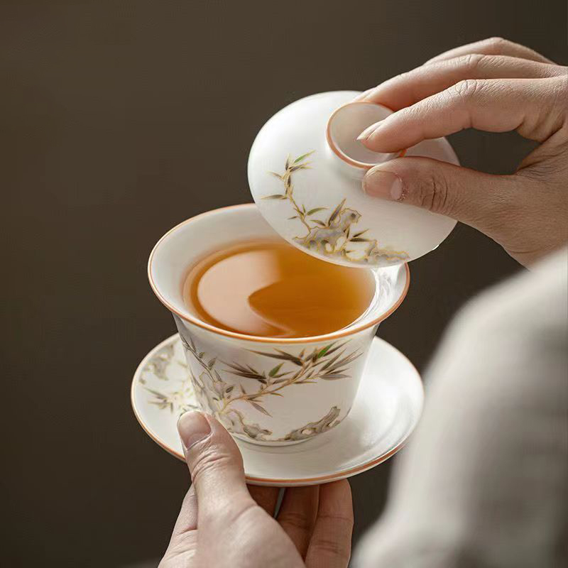 【汀和大福】白玉汝窯竹報平安三才蓋碗