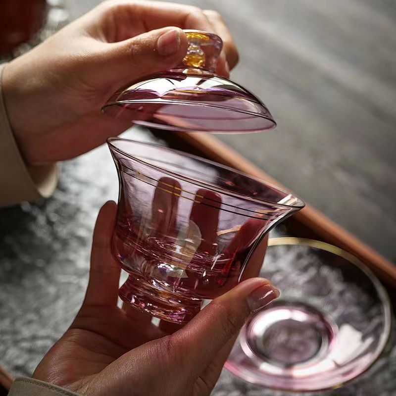 【汀和大福】瓘玉金箔高檔玻璃三才蓋碗